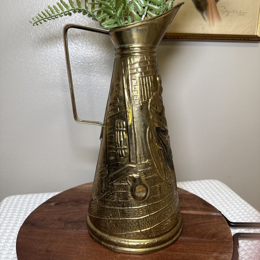 Vtg English Brass Plated Figural Pitcher Ewer 13” Hollywood Regency Vase Decor - Picture 3 of 11